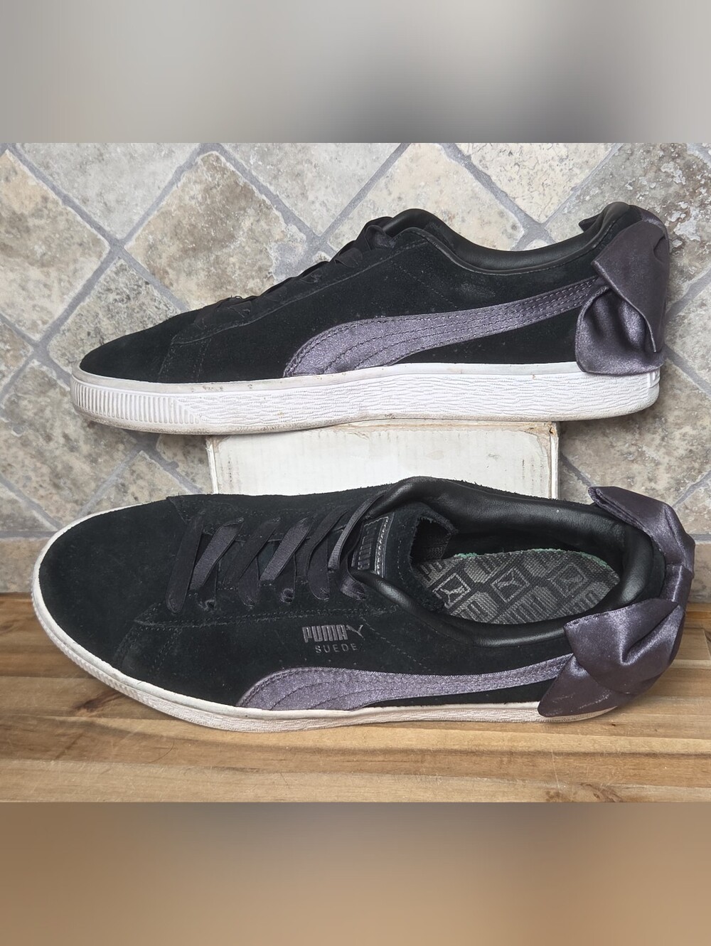 Size 10 M - Womans Puma Suede Bow Hexamesh Black Gray Sneakers Shoes